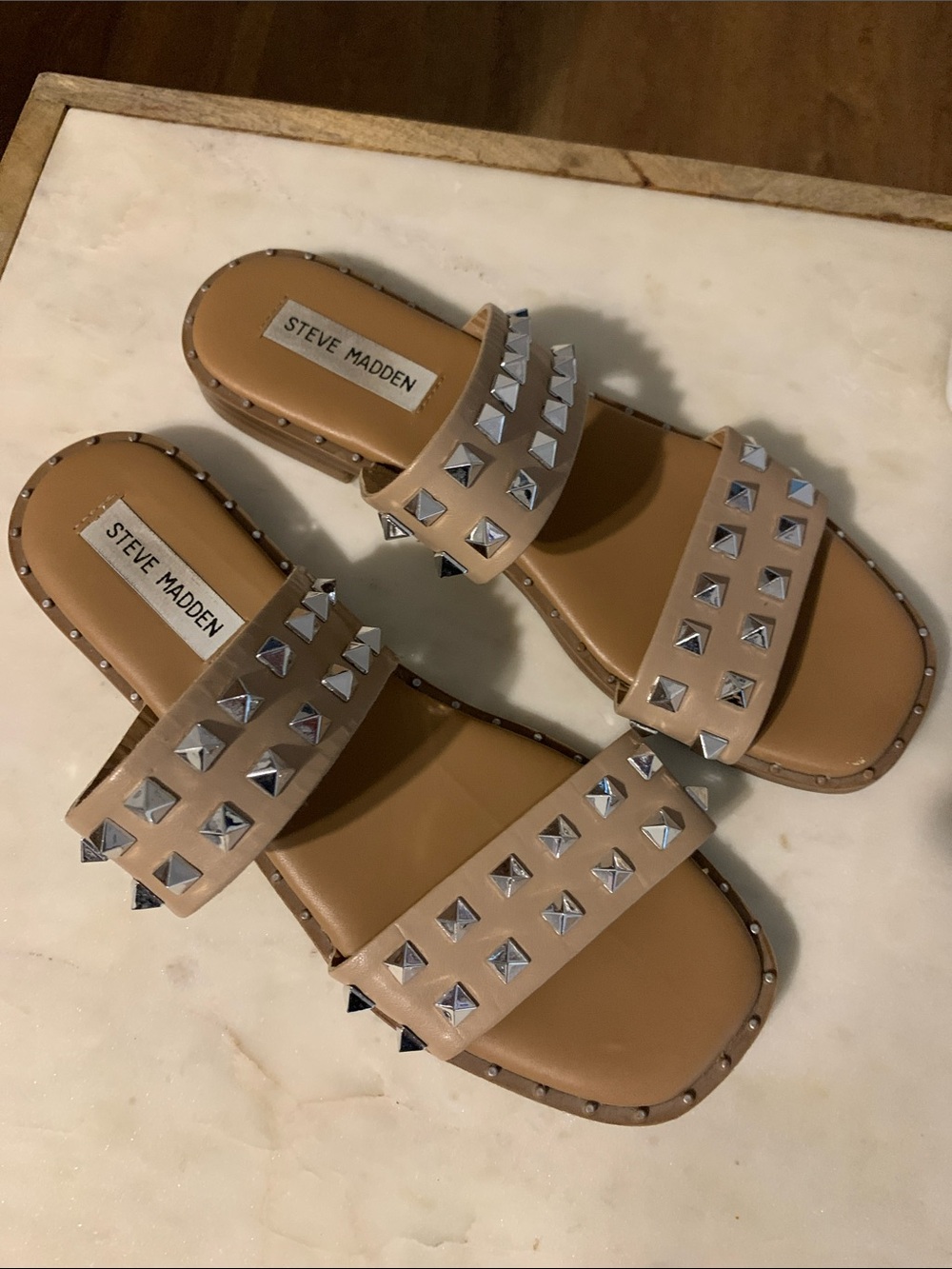 Steve Madden Nude/Tan Double-Strap Studded Slide Sandals